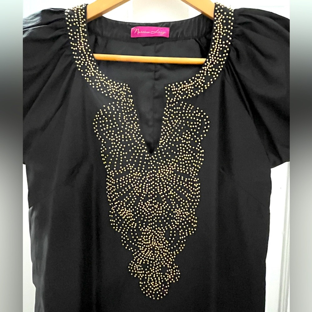 BLACK DRESS WITH GOLD BEADS, SIZE M